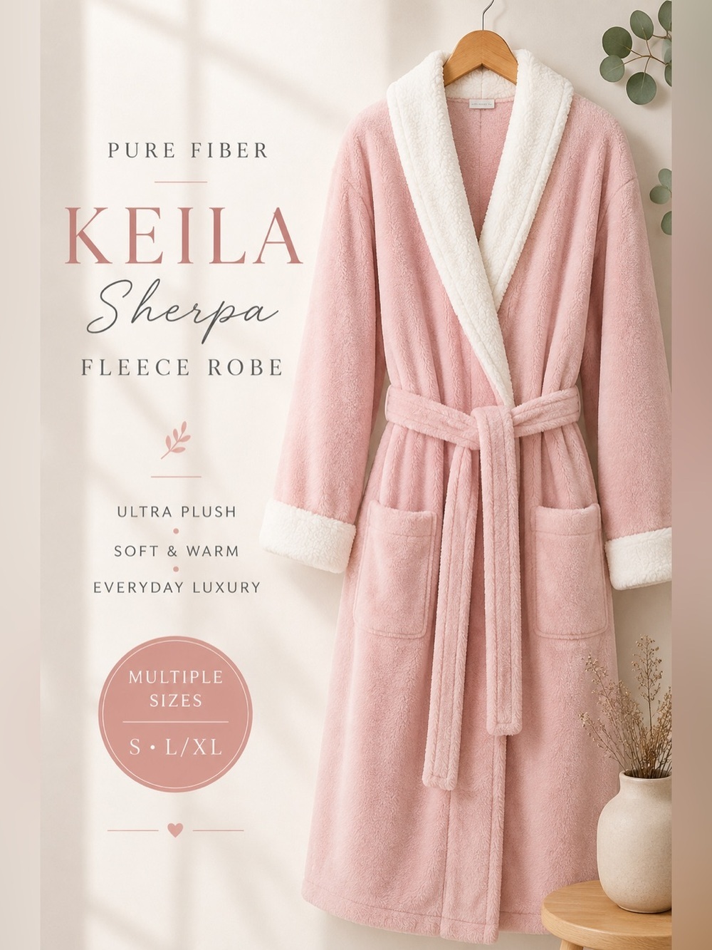 Pure Fiber Keila Sherpa Fleece Robe Pink Plush Belted